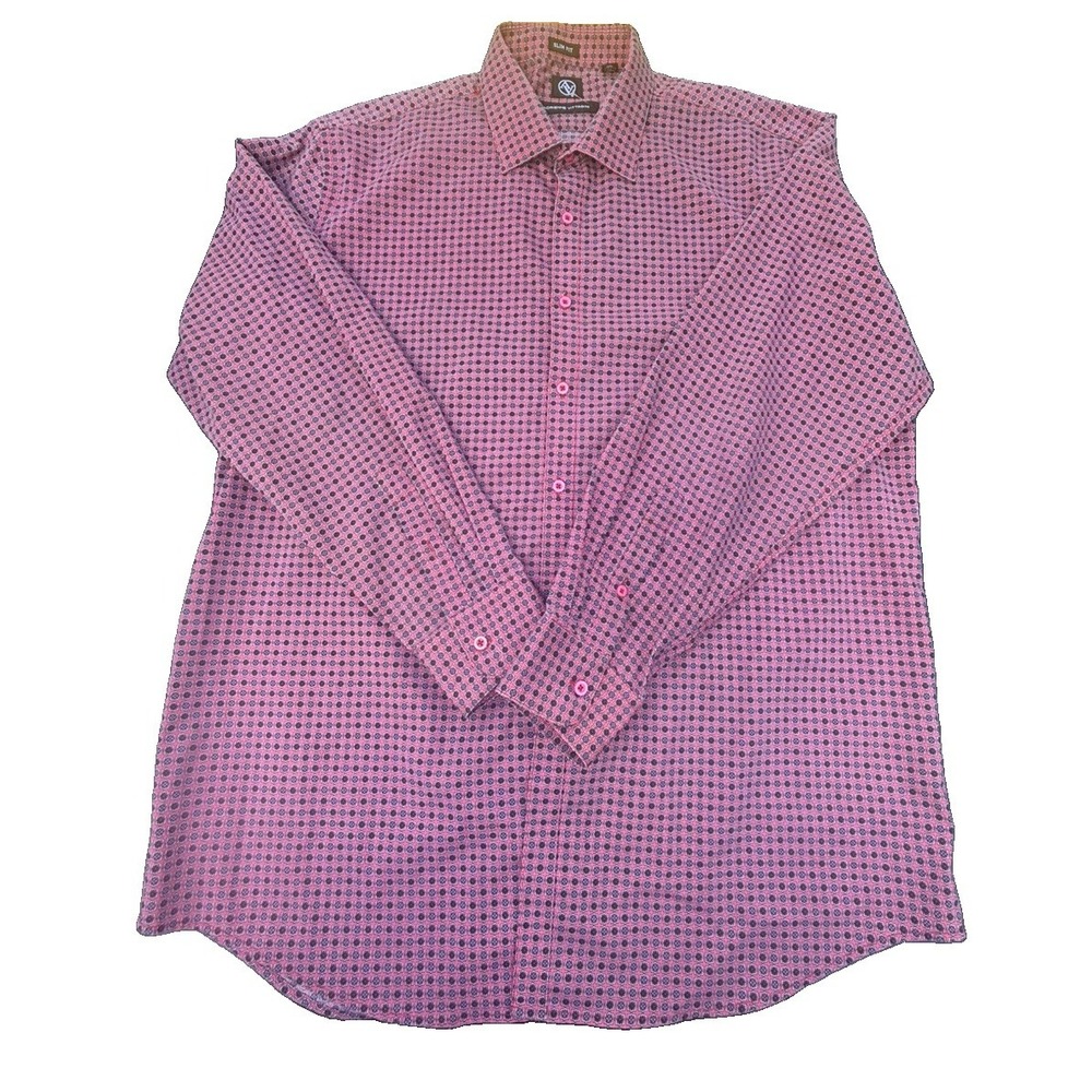 Adrienne Vittadini Men's Slim Fit Long Sleeve Pink Geometric Shirt XL 17 34/35